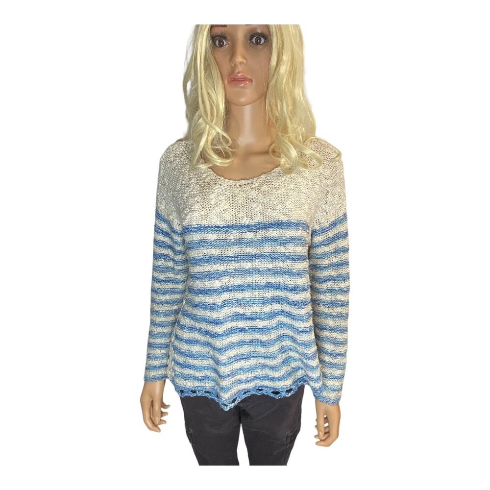 Free People Oversized Knit Crochet French Creek Sweater In Ivory Baby Blue XS/S